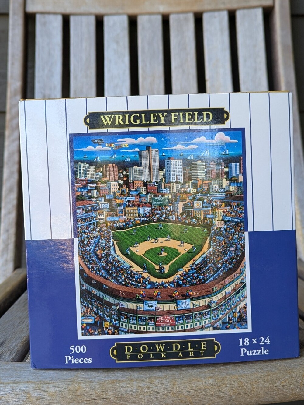 Dowdle Folk Art Wrigley Field 500-Piece Puzzle - Blue & White Pinstripe Box
